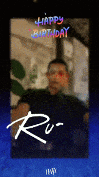 a happy birthday card with a blurry picture of a person