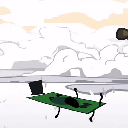 a cartoon drawing of a green object with a black face
