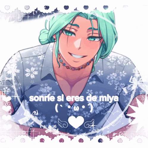 a drawing of a man with green hair and the words sonrie si eres de miya on the bottom