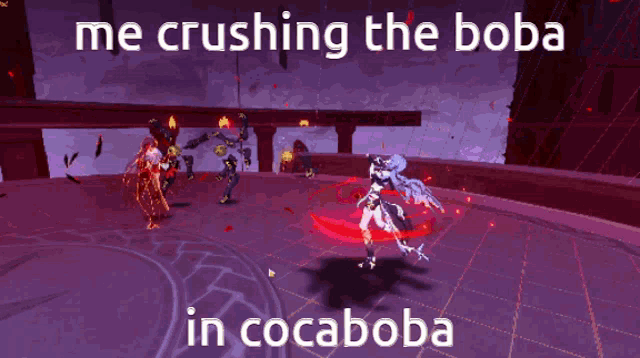a video game scene with the words me crushing the boba in cocaboba on the bottom