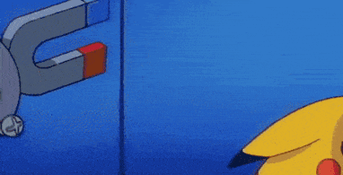 a cartoon pikachu is standing next to a large magnet on a blue background .