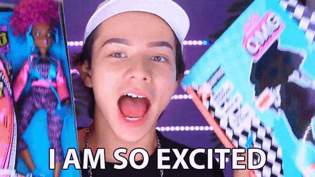 a boy holding a doll and a skateboard with the words i am so excited behind him