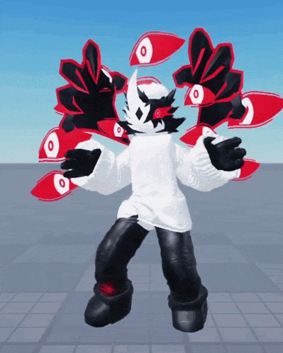a cartoon character with a white sweater and black pants has red eyes on his wings
