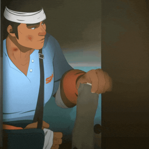 a cartoon of a man with a bandage on his head and a shirt that says s on it