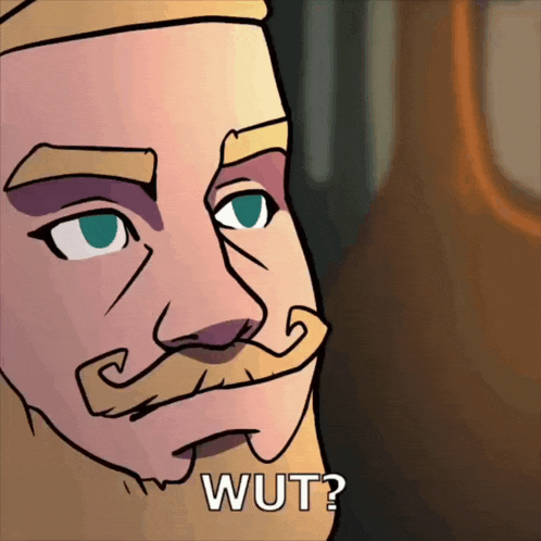 a cartoon drawing of a man with a mustache and the words wut on his face