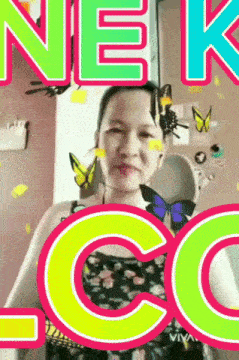 a woman with butterflies on her face is surrounded by the words nek cc