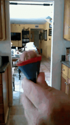 a person is holding a bucket in their hand in front of a kitchen