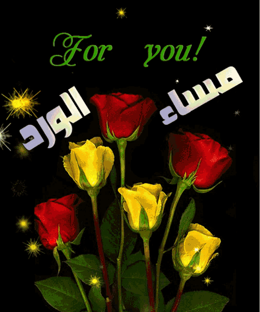 a bouquet of red and yellow roses on a black background with the words " for you " above them