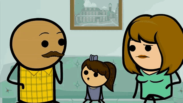 a man with a mustache stands next to a woman and a little girl