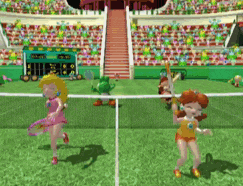 peach and daisy are playing tennis on a tennis court