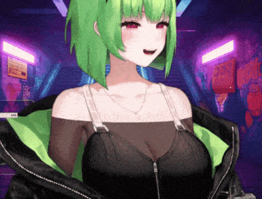 a girl with green hair is wearing a black top