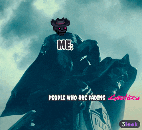 a pixel art of a man with the words me people who are fading above him