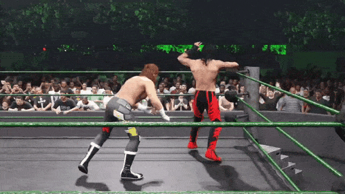 two men are wrestling in a ring with a crowd in the background