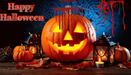 a halloween greeting card with a pumpkin with blood dripping out of it