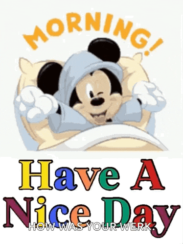 a cartoon of mickey mouse in bed with the words morning have a nice day