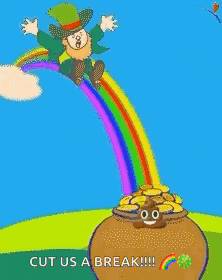 a leprechaun is sitting on a pile of poop next to a rainbow .