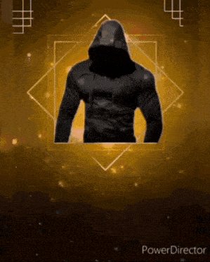a man in a black jacket with a hood is surrounded by geometric shapes