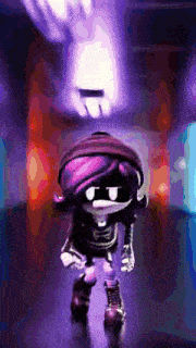 a cartoon character with purple hair is standing in a hallway