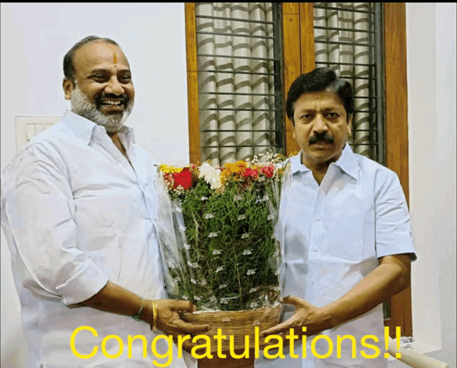 two men are holding a bouquet of flowers with the words congratulations written on the bottom