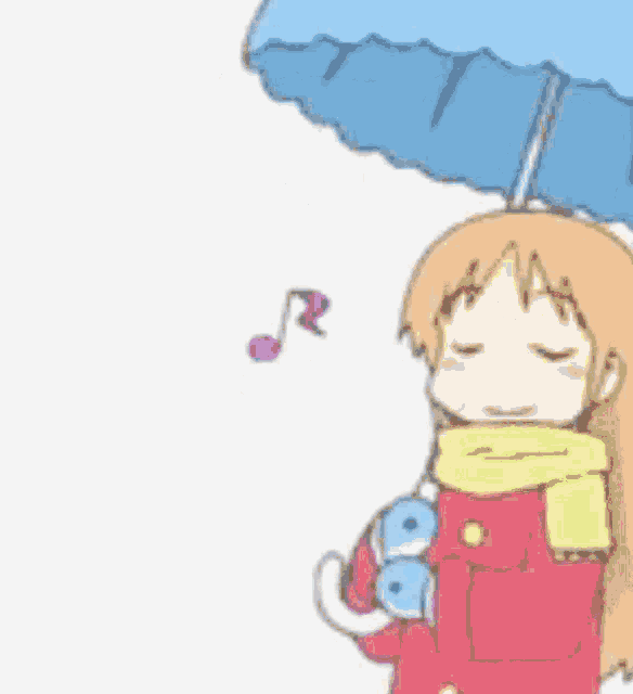 a girl is holding a blue umbrella and a camera .