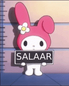 a pink bunny is holding a sign that says salaar on it