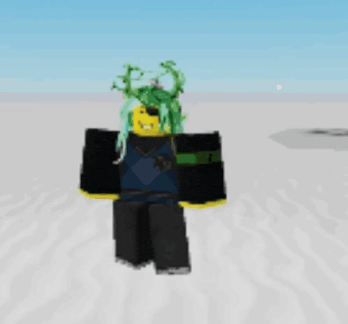 a cartoon character with green hair is standing on a white surface
