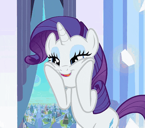 a cartoon pony with purple hair and a white horn looks out a window