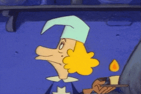 a cartoon character with a hat and a candle in his hand