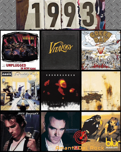 a collage of album covers from 1993 including vitality nirvana and green day