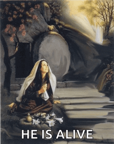 a painting of a woman kneeling in front of a tomb with the words he is alive below it