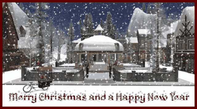 a merry christmas and a happy new year greeting card with a snowy scene