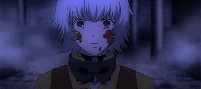 a close up of a person 's face with blood on it .