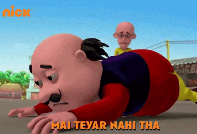 a cartoon character is crawling on the ground with the words mai teyar nahi tha above him