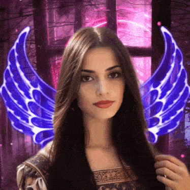 a woman with long hair and blue wings on her shoulder
