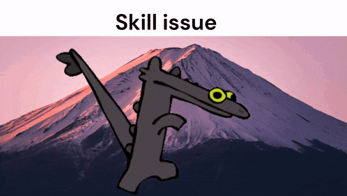 a cartoon drawing of a dinosaur with the words skill issue below it