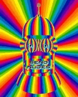 a rainbow colored rocket with the words send nudes written on it