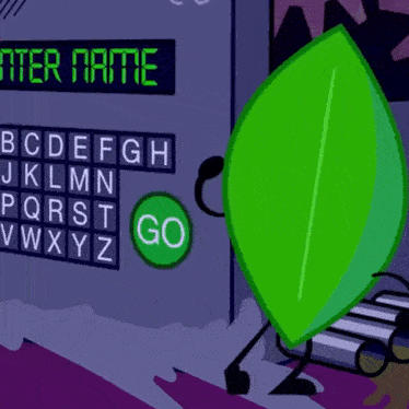 a green leaf is standing in front of a keyboard that says enter name on it