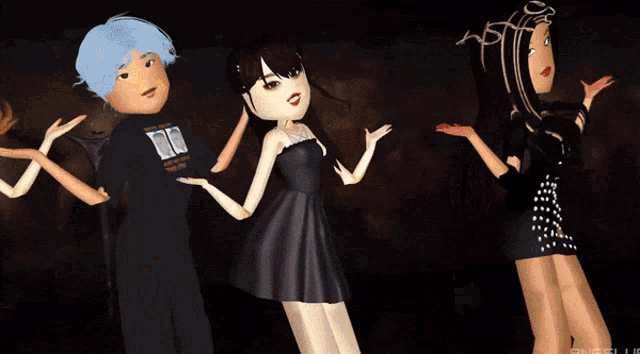 three dolls are standing next to each other with one wearing a shirt that says angel