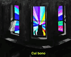 a black and white drawing of a cat looking out a window with the words cui bono on the bottom