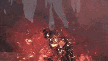 a painting of a demon with glowing eyes and a red background