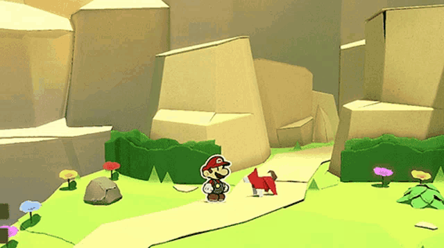 a paper mario standing on a path with a dog