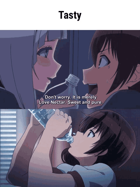 a girl drinking water from a bottle with the words " tasty " on the top
