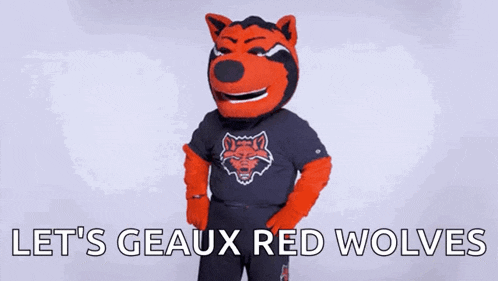 a mascot is wearing a black shirt that says let 's geaux red wolves on it .