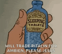 a cartoon of a person holding a bottle of sleeping tablets