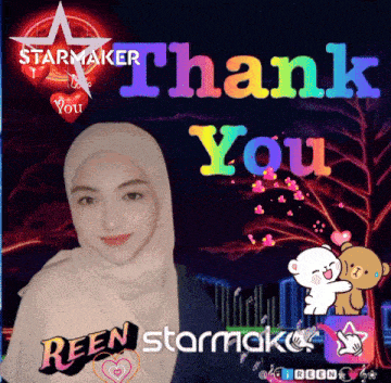 a woman wearing a hijab stands in front of a thank you sign