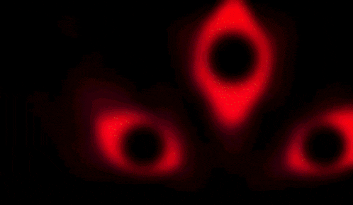 a close up of a cartoon character 's face with glowing eyes and a black hole in the background