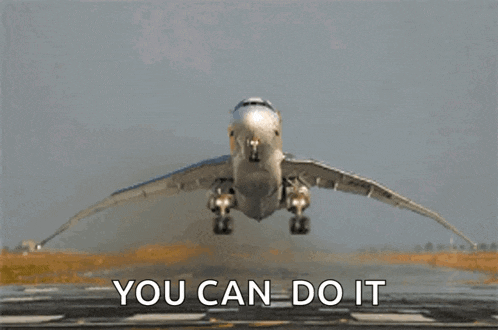 an airplane is taking off from a runway with the words " you can do it " written below it