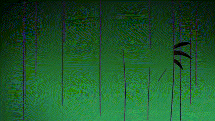 a cartoon character is peeking out from behind a green curtain with a spider web on it .