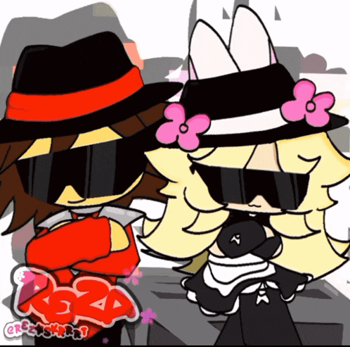 a cartoon of a man and a woman wearing hats and sunglasses with the letters rs24 on the bottom