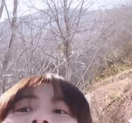 a close up of a person taking a selfie in the woods .